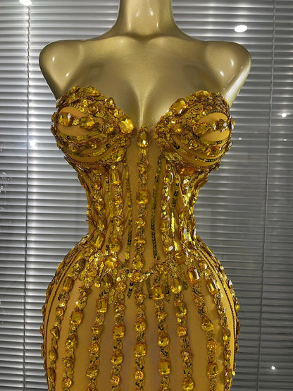 Sparkly Crystal Women Sexy Strapless Mesh See Through Long Maxi Bodycon Dress Elegant Evening Party Birthday Wedding Wear