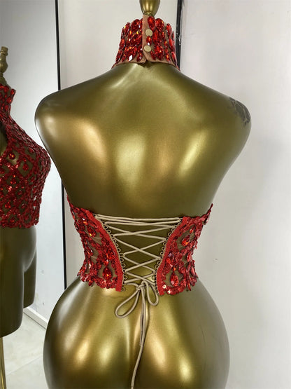 Sparkly Rhinestones Sequins Mesh Laced-Up Back Top