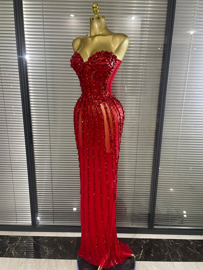 Sparkly Crystal Women Sexy Strapless Mesh See Through Long Maxi Bodycon Dress Elegant Evening Party Birthday Wedding Wear