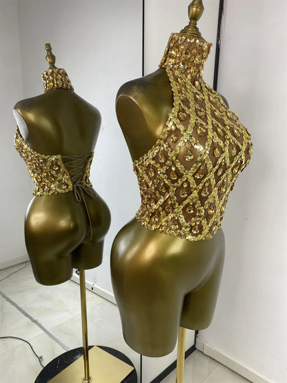 Sparkly Rhinestones Sequins Mesh Laced-Up Back Top