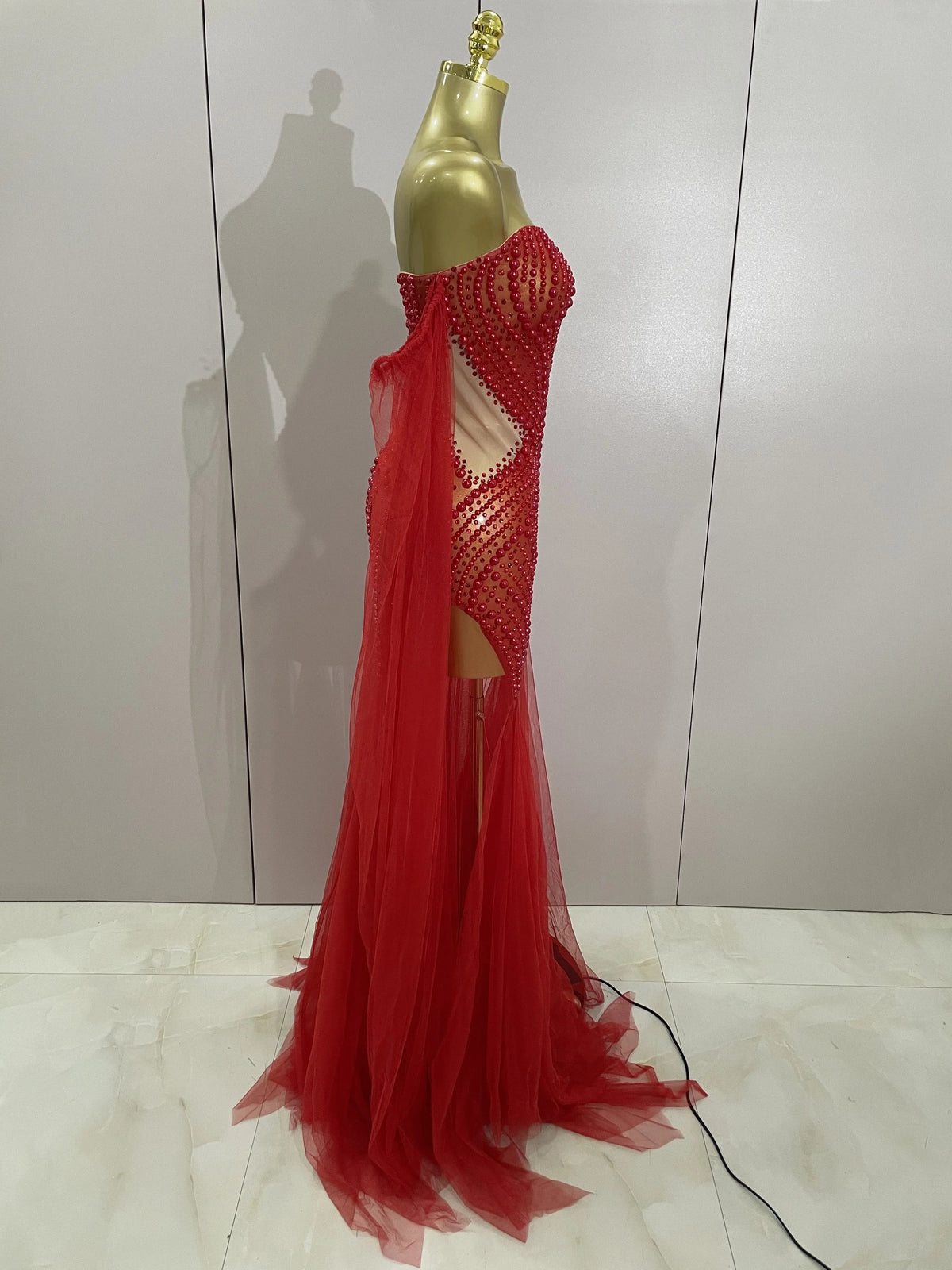 Luxury Birthday Evening Party Dress Elegant Sparkly Rhinestone Pearl Sexy Strapless Mesh Long Dress Prom Wedding Guest Gowns