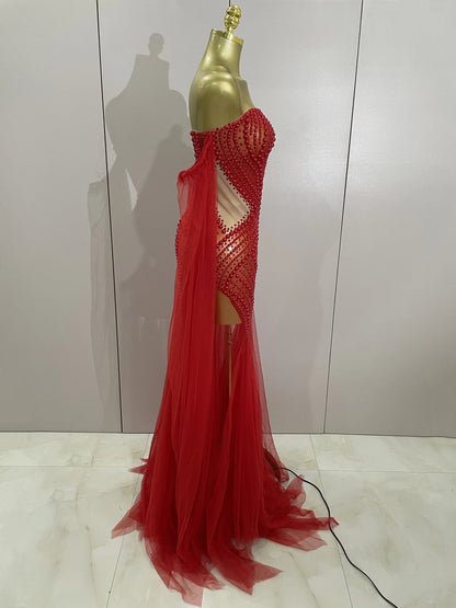 Luxury Birthday Evening Party Dress Elegant Sparkly Rhinestone Pearl Sexy Strapless Mesh Long Dress Prom Wedding Guest Gowns