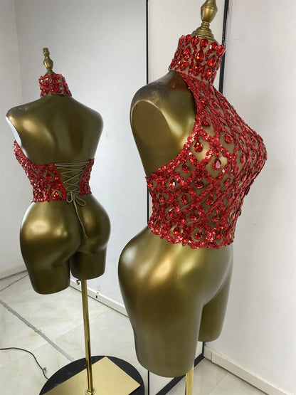 Sparkly Rhinestones Sequins Mesh Laced-Up Back Top