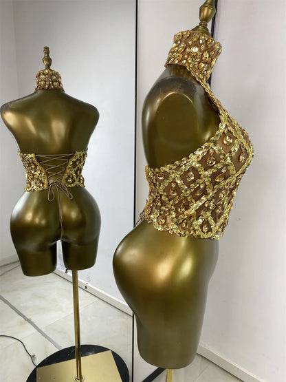 Sparkly Rhinestones Sequins Mesh Laced-Up Back Top