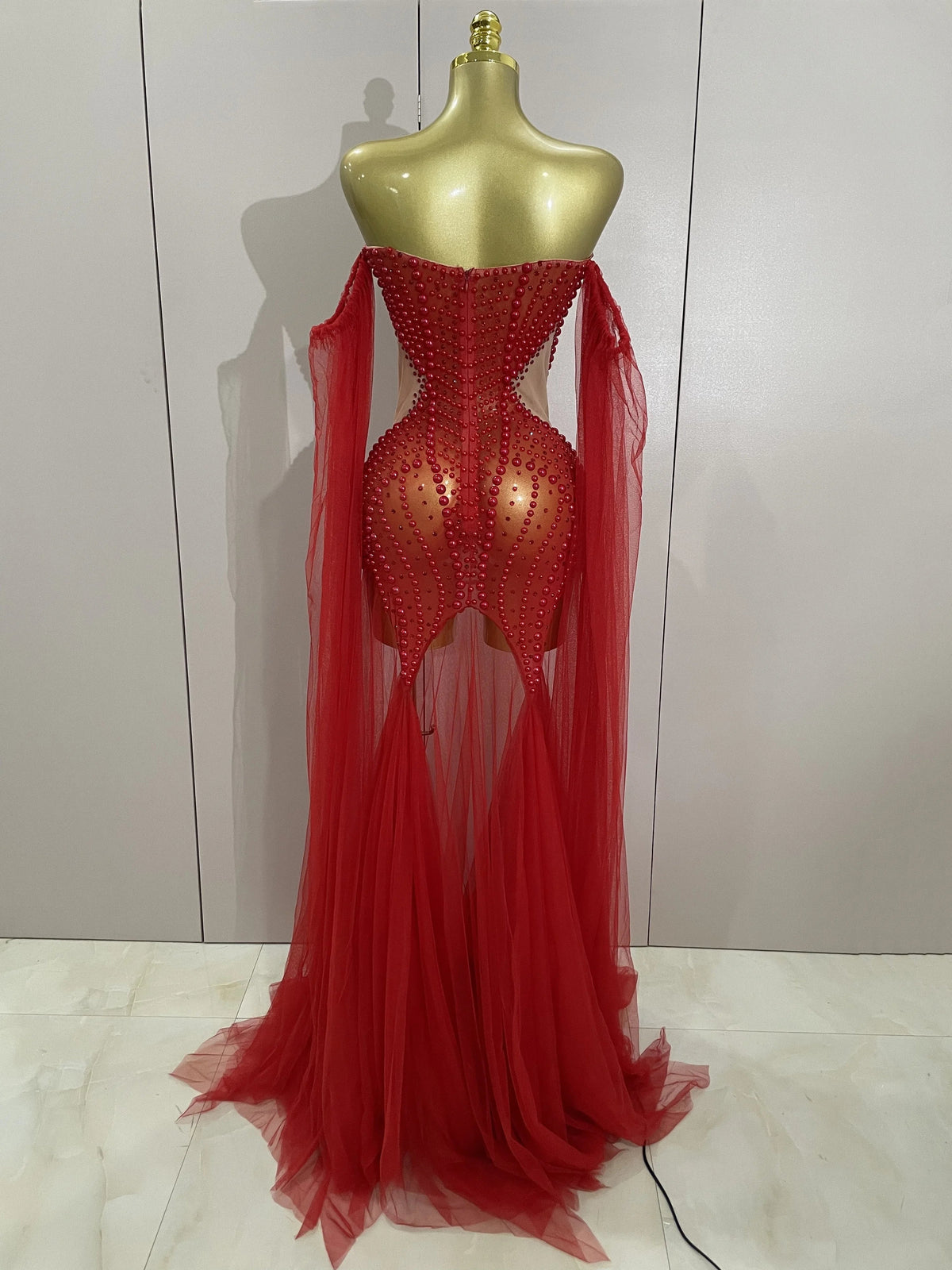 Luxury Birthday Evening Party Dress Elegant Sparkly Rhinestone Pearl Sexy Strapless Mesh Long Dress Prom Wedding Guest Gowns