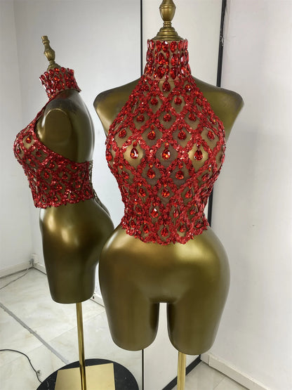Sparkly Rhinestones Sequins Mesh Laced-Up Back Top