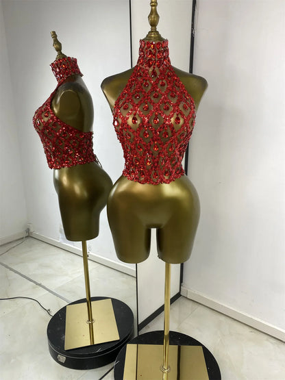 Sparkly Rhinestones Sequins Mesh Laced-Up Back Top