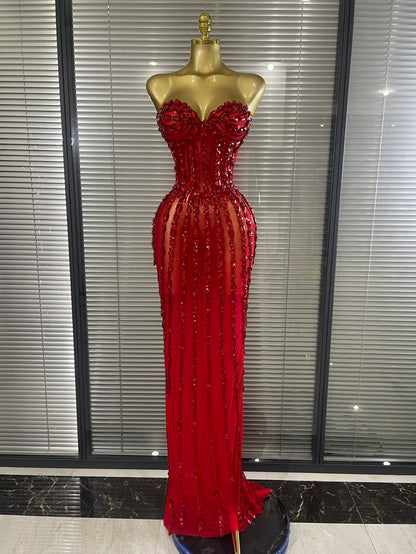 Sparkly Crystal Women Sexy Strapless Mesh See Through Long Maxi Bodycon Dress Elegant Evening Party Birthday Wedding Wear