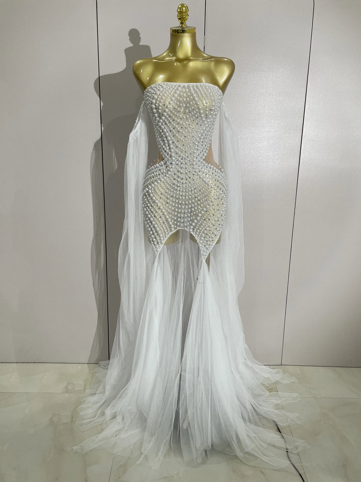 Luxury Birthday Evening Party Dress Elegant Sparkly Rhinestone Pearl Sexy Strapless Mesh Long Dress Prom Wedding Guest Gowns