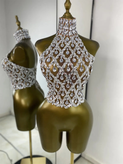 Sparkly Rhinestones Sequins Mesh Laced-Up Back Top