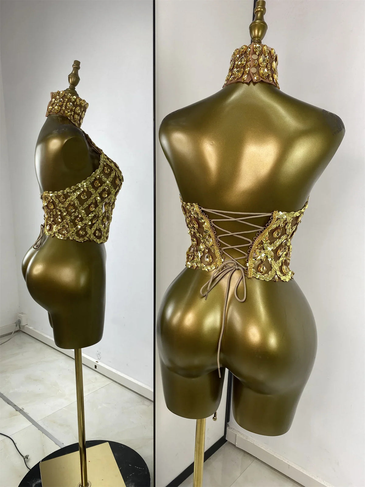 Sparkly Rhinestones Sequins Mesh Laced-Up Back Top