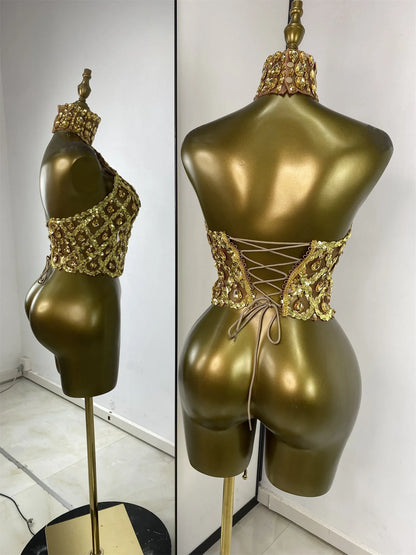 Sparkly Rhinestones Sequins Mesh Laced-Up Back Top