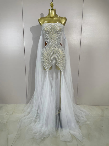 Luxury Birthday Evening Party Dress Elegant Sparkly Rhinestone Pearl Sexy Strapless Mesh Long Dress Prom Wedding Guest Gowns