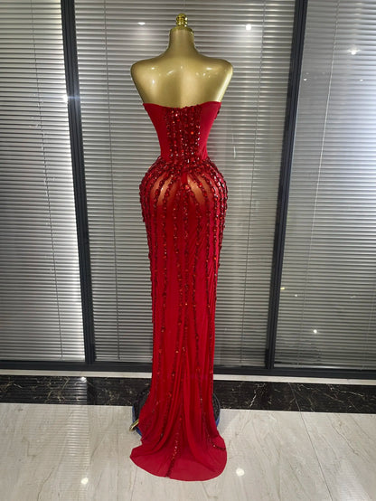 Sparkly Crystal Women Sexy Strapless Mesh See Through Long Maxi Bodycon Dress Elegant Evening Party Birthday Wedding Wear