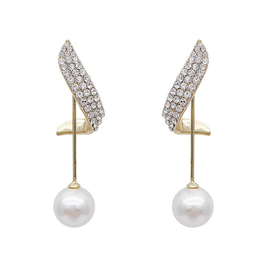 Two Full Diamond Wings Pearl Earrings Personality