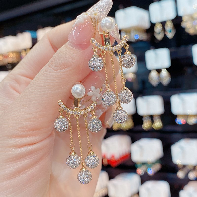 Trendy Large Earrings Full Diamond Ball Tassel