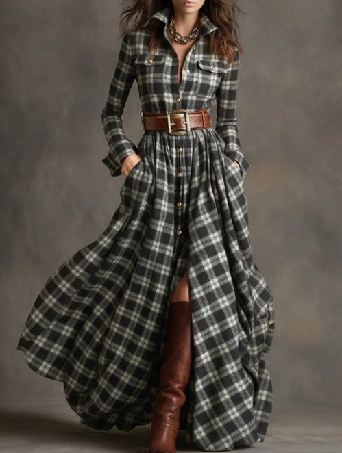 Ins Plaid Print Long-Sleeved Dress Fashion Pockets