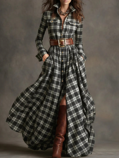 Ins Plaid Print Long-Sleeved Dress Fashion Pockets