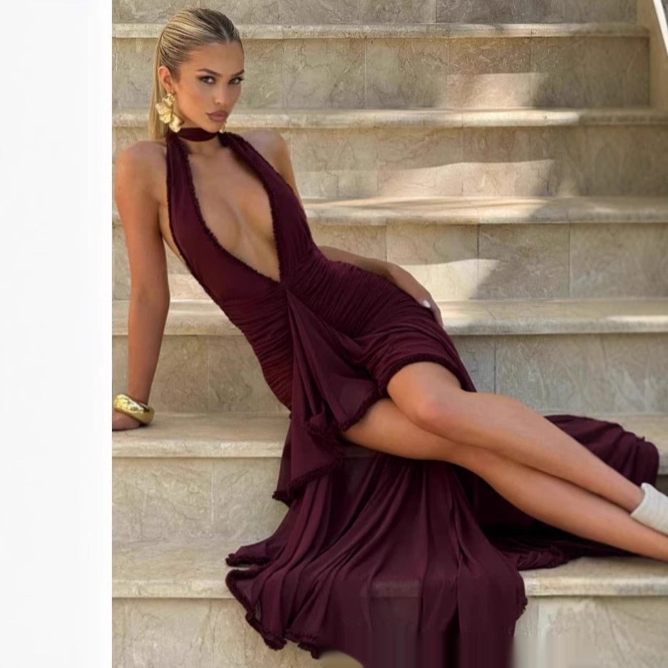 Wine Red Lace Deep V Sexy Dress
