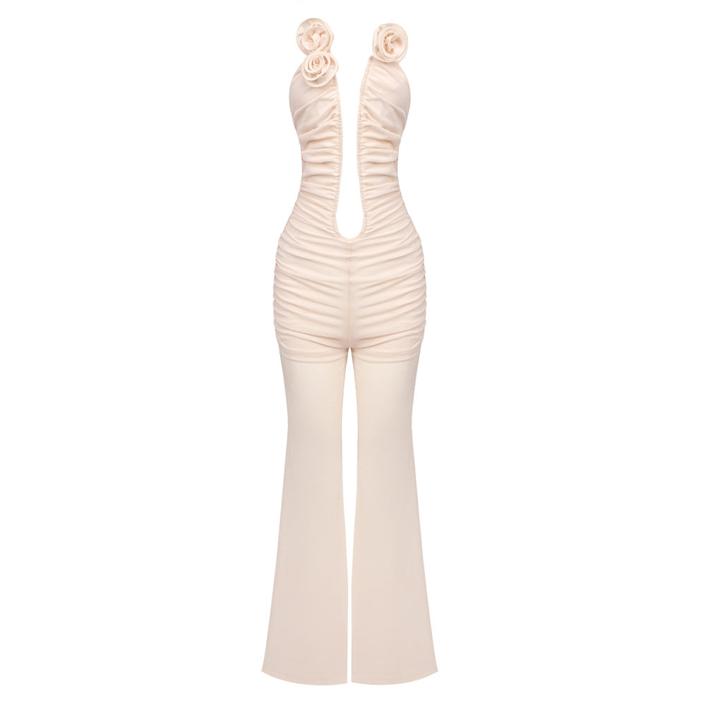 Red Mesh Slim Jumpsuit