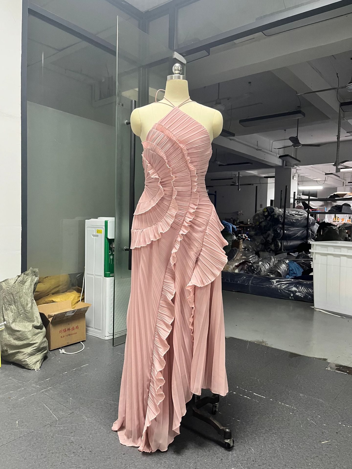 Ruffled Pleated Halterneck Dress