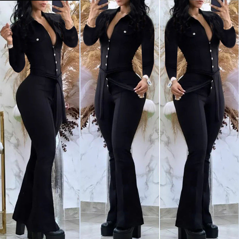 Button Lapel Belted Jumpsuit