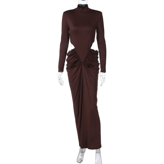 Pleated Turtleneck Midriff Dress