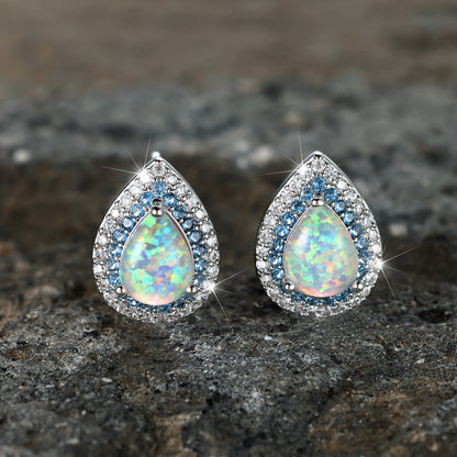 Water Drop White Opal Edge Blue White Ear Studs