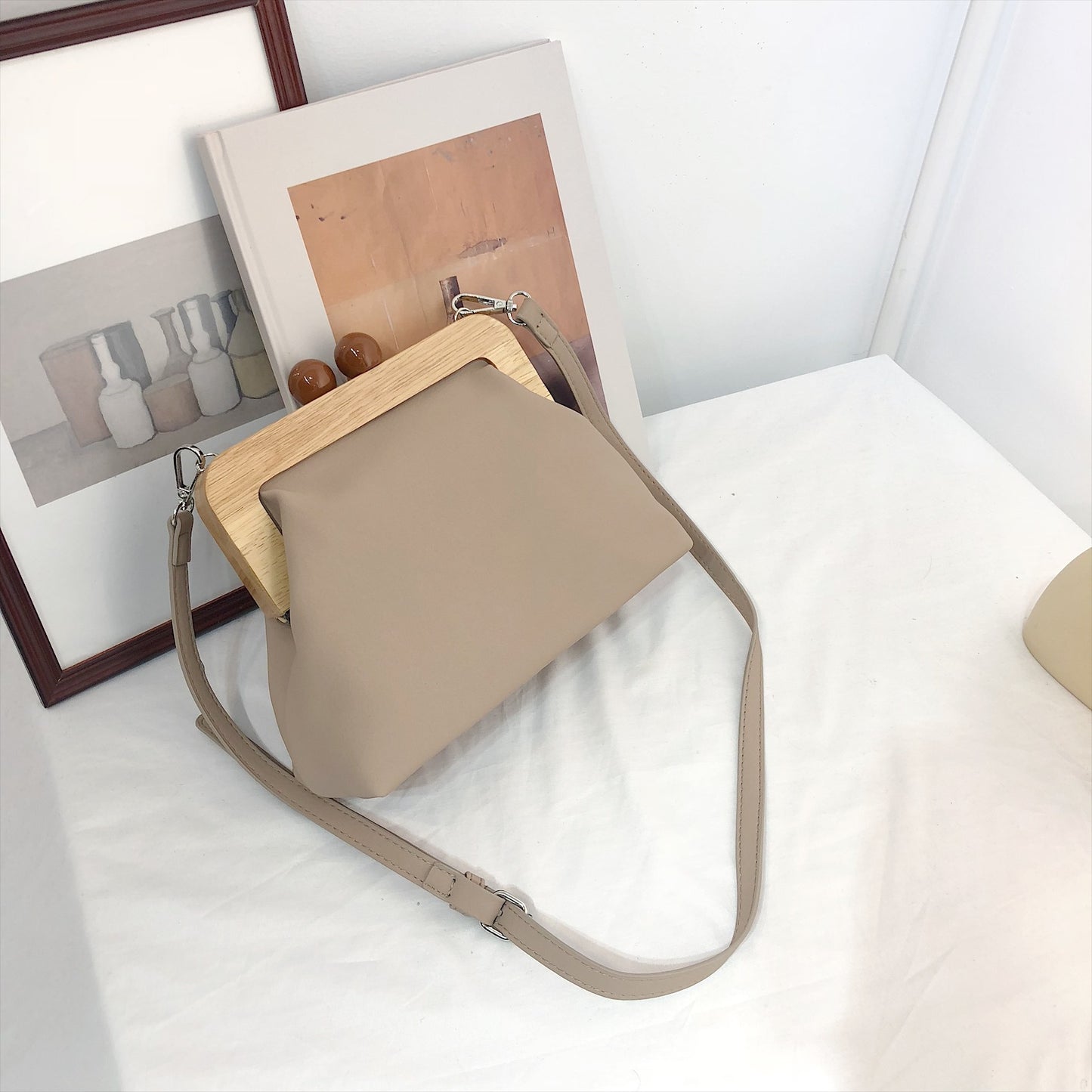 Leather Wooden Clip Clutch