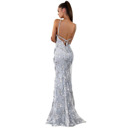 Dress V-neck Brace Backless Sequined Long Night Dresses