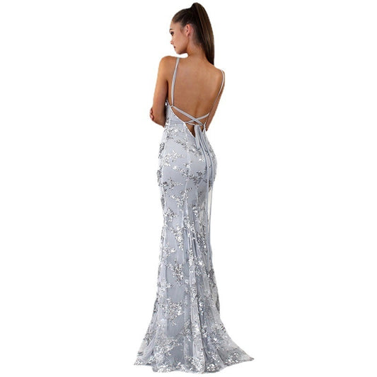 Dress V-neck Brace Backless Sequined Long Night Dresses