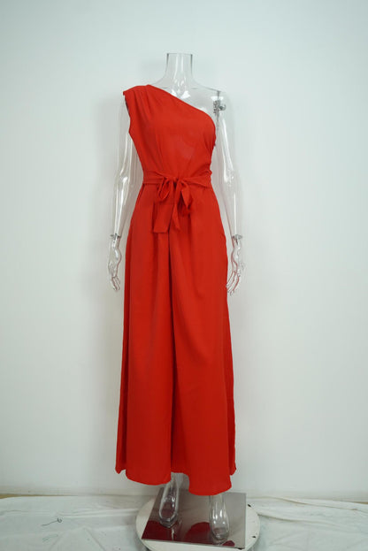 Solid Color Straight-leg Pants Strapless Lace-up Jumpsuit