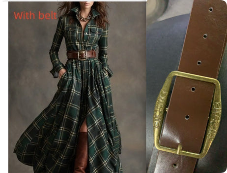 Ins Plaid Print Long-Sleeved Dress Fashion Pockets