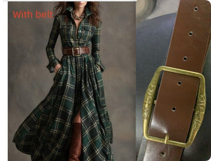 Ins Plaid Print Long-Sleeved Dress Fashion Pockets