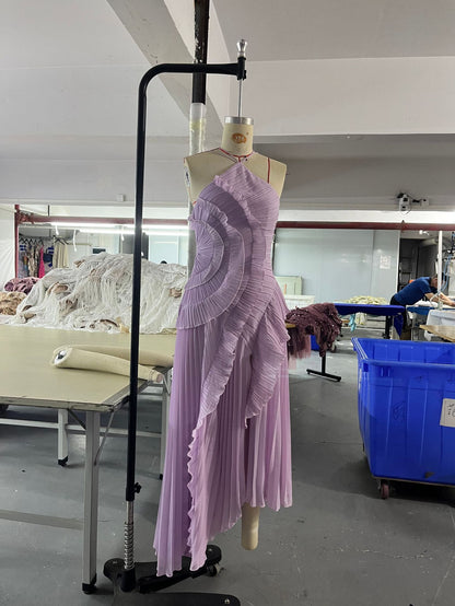 Ruffled Pleated Halterneck Dress