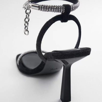 Square Toe Rhinestone Stiletto Sandals