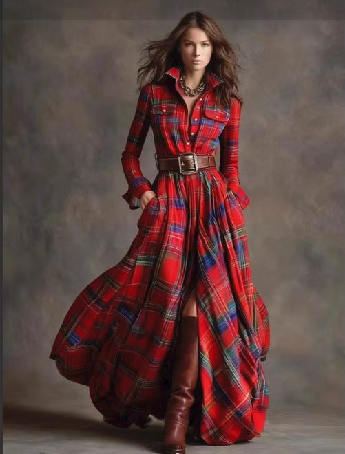 Ins Plaid Print Long-Sleeved Dress Fashion Pockets