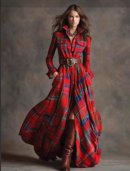 Ins Plaid Print Long-Sleeved Dress Fashion Pockets