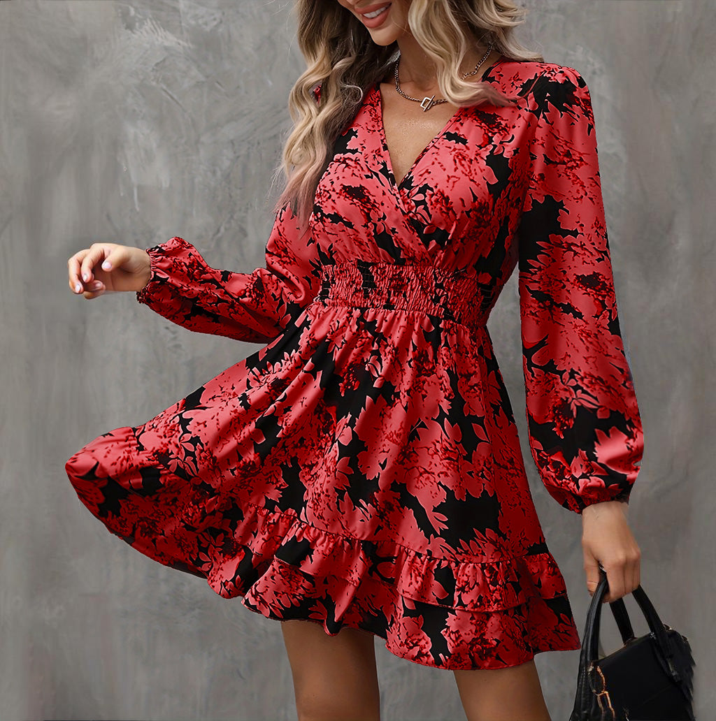 Lantern Sleeve A-Line Dress V-Neck