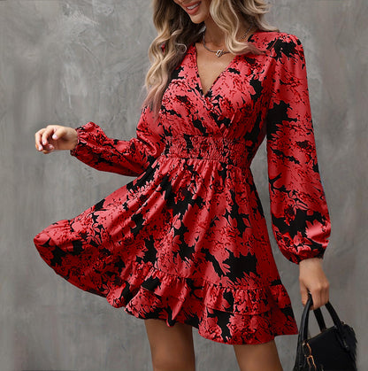 Lantern Sleeve A-Line Dress V-Neck