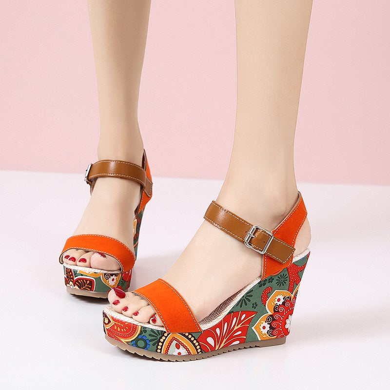 Embroidered High Wedge Sandals For Women