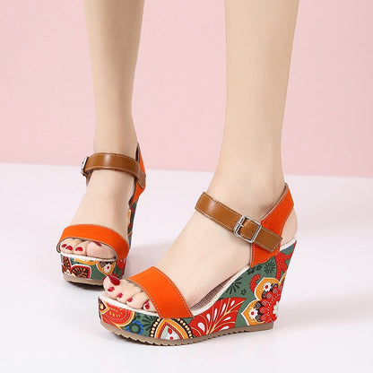 Embroidered High Wedge Sandals For Women