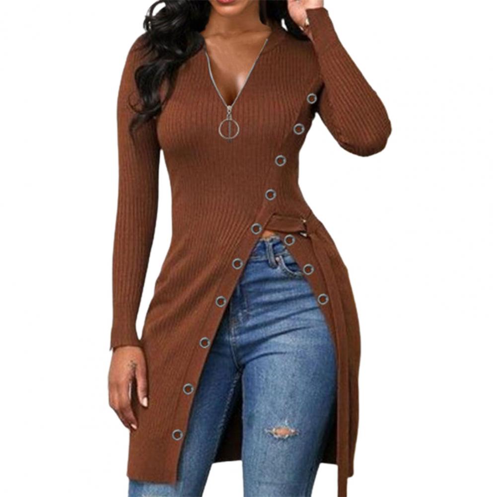V-Neck High Split Zipper Dress