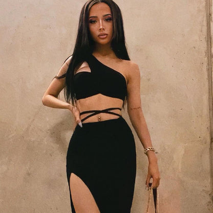 Off-Shoulder Slit Dress Suit
