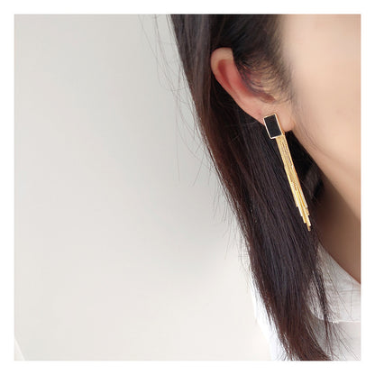 Square Black Long Tassel Earrings