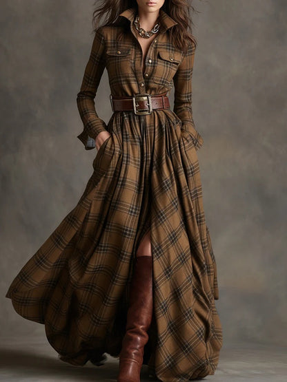 Ins Plaid Print Long-Sleeved Dress Fashion Pockets