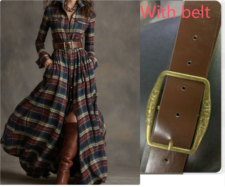 Ins Plaid Print Long-Sleeved Dress Fashion Pockets