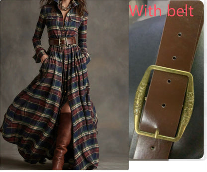 Ins Plaid Print Long-Sleeved Dress Fashion Pockets