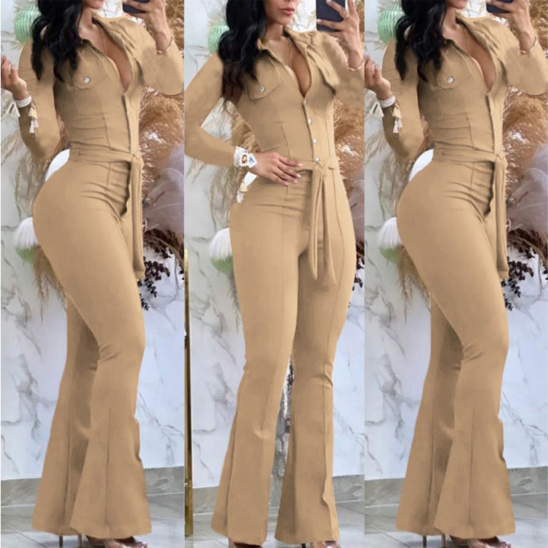 Button Lapel Belted Jumpsuit