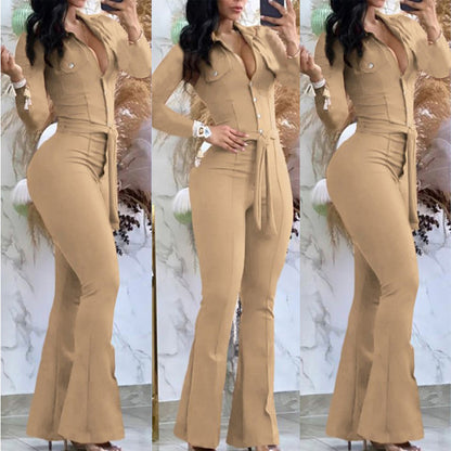 Button Lapel Belted Jumpsuit